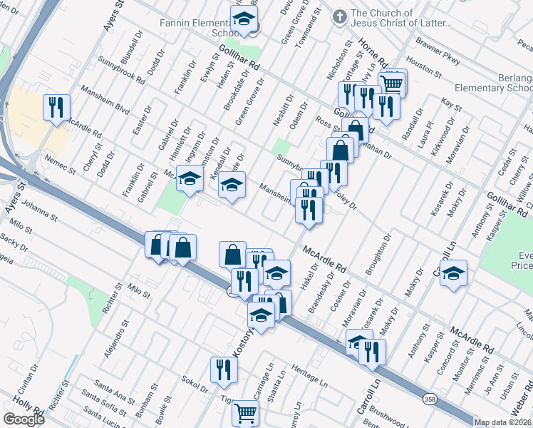 map of restaurants, bars, coffee shops, grocery stores, and more near 4830 Philip Drive in Corpus Christi