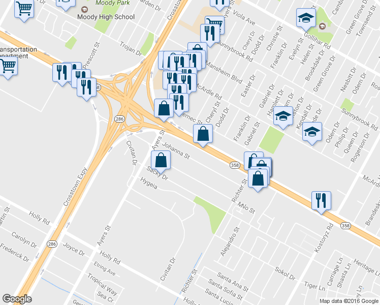 map of restaurants, bars, coffee shops, grocery stores, and more near 2518 Johanna Street in Corpus Christi