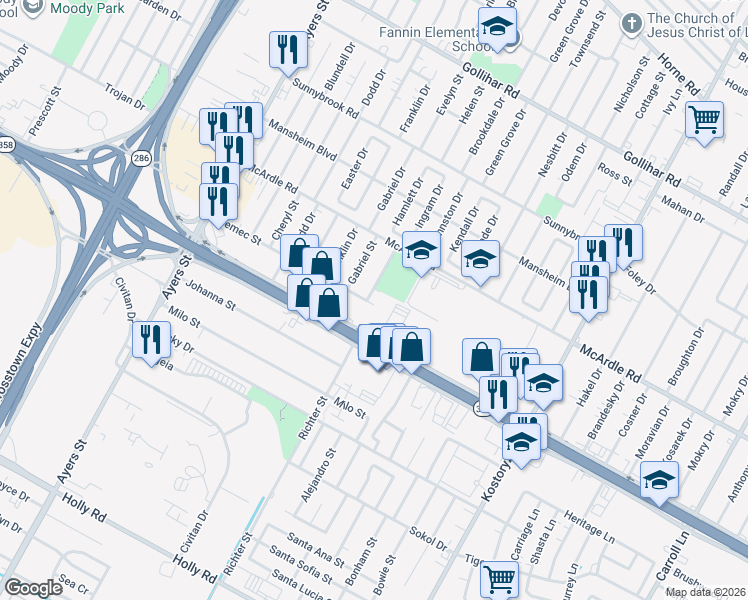 map of restaurants, bars, coffee shops, grocery stores, and more near 4950 Hamlett Drive in Corpus Christi