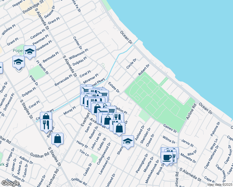 map of restaurants, bars, coffee shops, grocery stores, and more near 403 Robert Drive in Corpus Christi