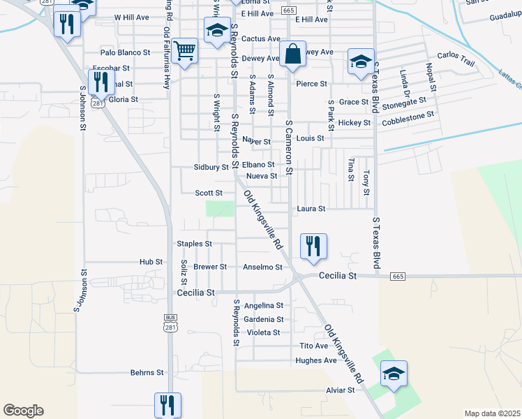 map of restaurants, bars, coffee shops, grocery stores, and more near 1819 Old Kingsville Road in Alice