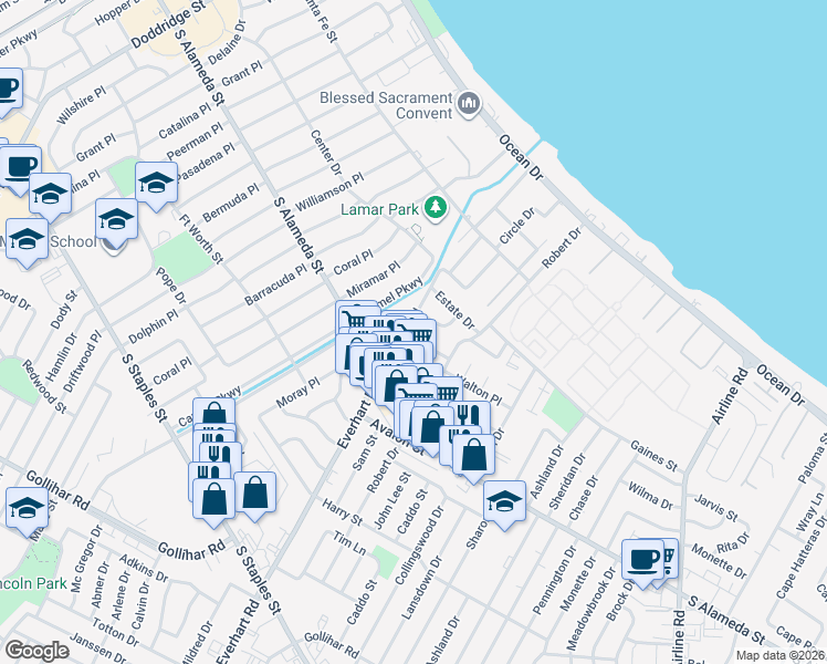 map of restaurants, bars, coffee shops, grocery stores, and more near 4202 Junior Terrace in Corpus Christi