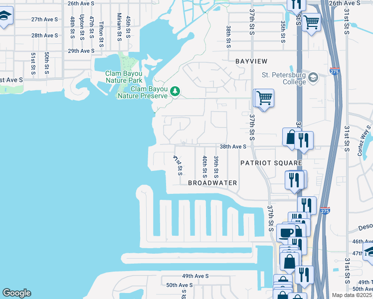 map of restaurants, bars, coffee shops, grocery stores, and more near 4032 38th Avenue South in St. Petersburg