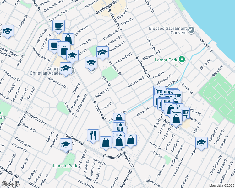 map of restaurants, bars, coffee shops, grocery stores, and more near 933 Barracuda Pl in Corpus Christi