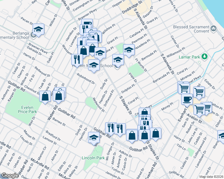 map of restaurants, bars, coffee shops, grocery stores, and more near 4205 Driftwood Place in Corpus Christi