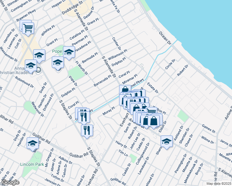 map of restaurants, bars, coffee shops, grocery stores, and more near 510 Carmel Parkway in Corpus Christi