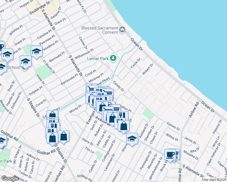 map of restaurants, bars, coffee shops, grocery stores, and more near 4221 Clinton Drive in Corpus Christi