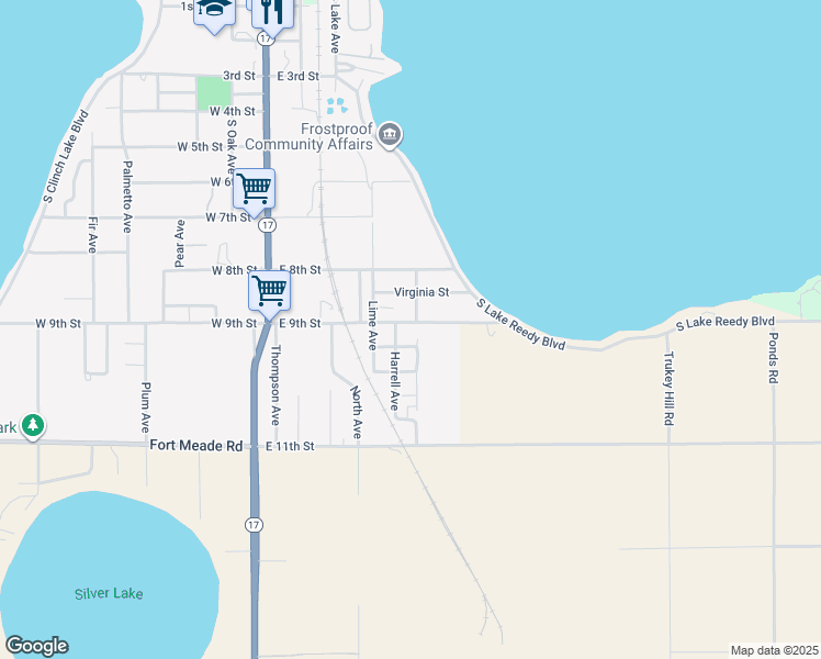 map of restaurants, bars, coffee shops, grocery stores, and more near 318 East 9th Street in Frostproof