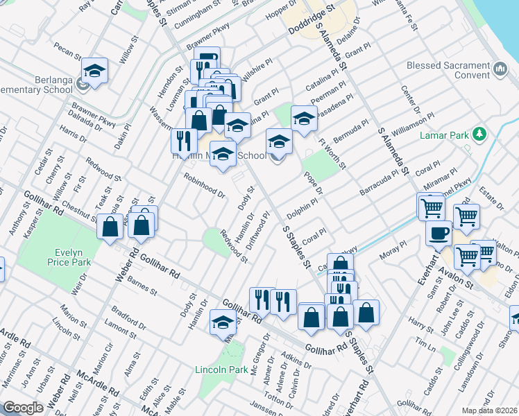 map of restaurants, bars, coffee shops, grocery stores, and more near 4205 Driftwood Place in Corpus Christi
