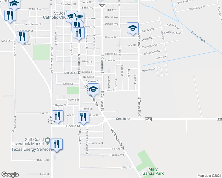 map of restaurants, bars, coffee shops, grocery stores, and more near 1715 Andrea Street in Alice