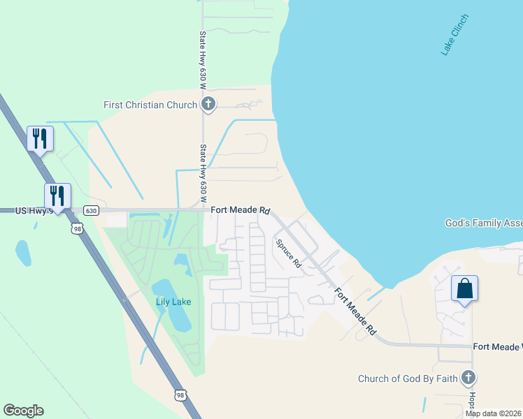 map of restaurants, bars, coffee shops, grocery stores, and more near Fort Meade Road in Frostproof