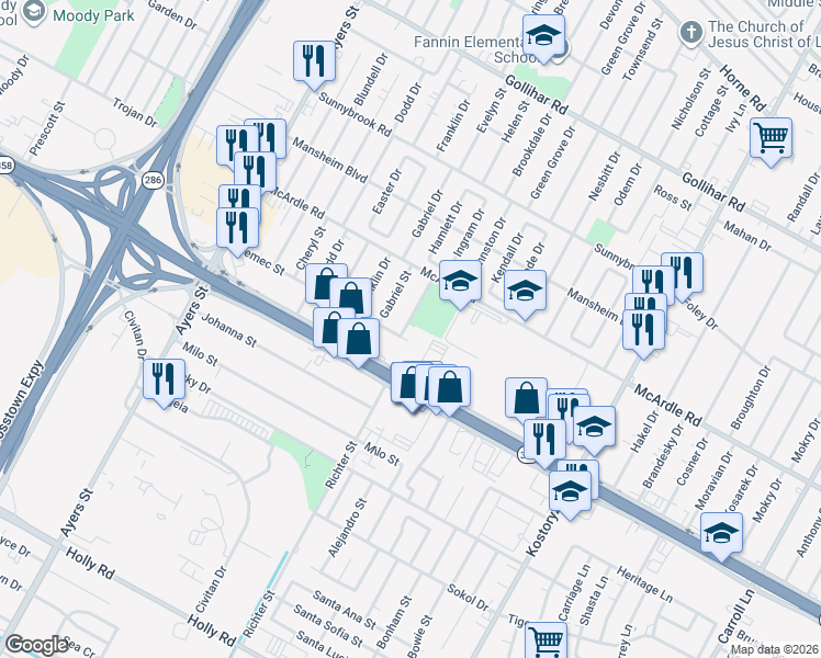 map of restaurants, bars, coffee shops, grocery stores, and more near 4950 Hamlett Drive in Corpus Christi
