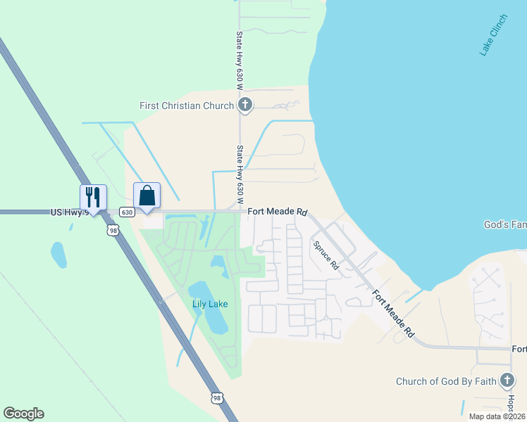 map of restaurants, bars, coffee shops, grocery stores, and more near 1821 Fort Meade Road in Frostproof