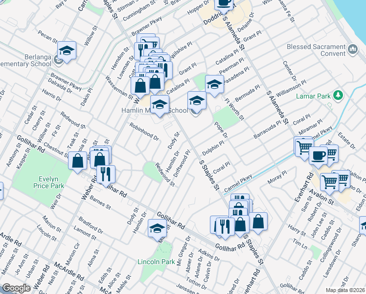 map of restaurants, bars, coffee shops, grocery stores, and more near 4205 Driftwood Place in Corpus Christi
