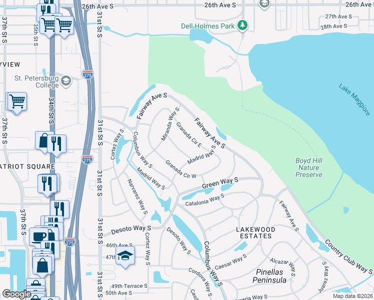 map of restaurants, bars, coffee shops, grocery stores, and more near 2525 Gomaz Way South in Saint Petersburg