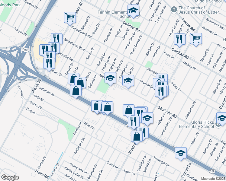 map of restaurants, bars, coffee shops, grocery stores, and more near 2901 McArdle Rd in Corpus Christi