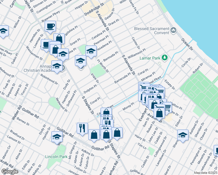 map of restaurants, bars, coffee shops, grocery stores, and more near 933 Barracuda Place in Corpus Christi