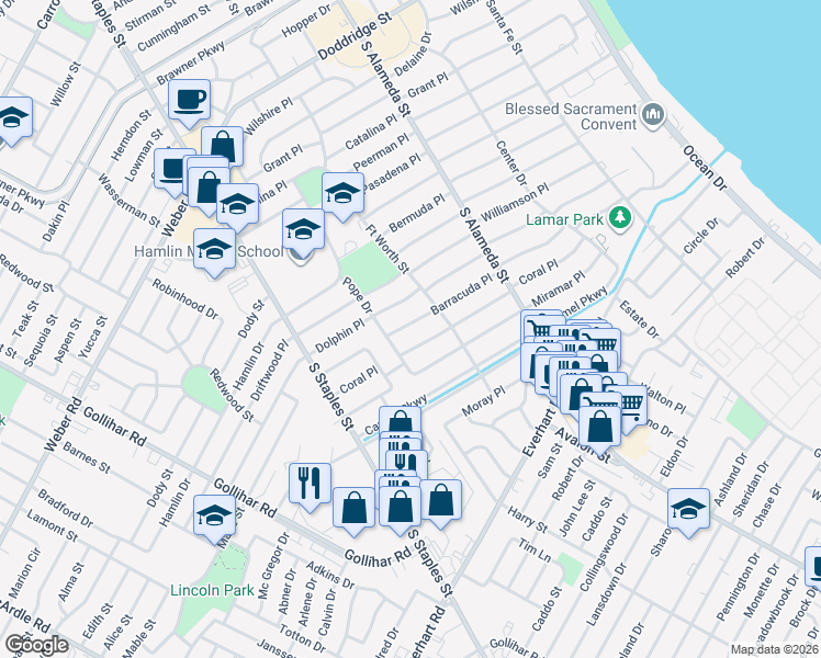 map of restaurants, bars, coffee shops, grocery stores, and more near 933 Barracuda Place in Corpus Christi