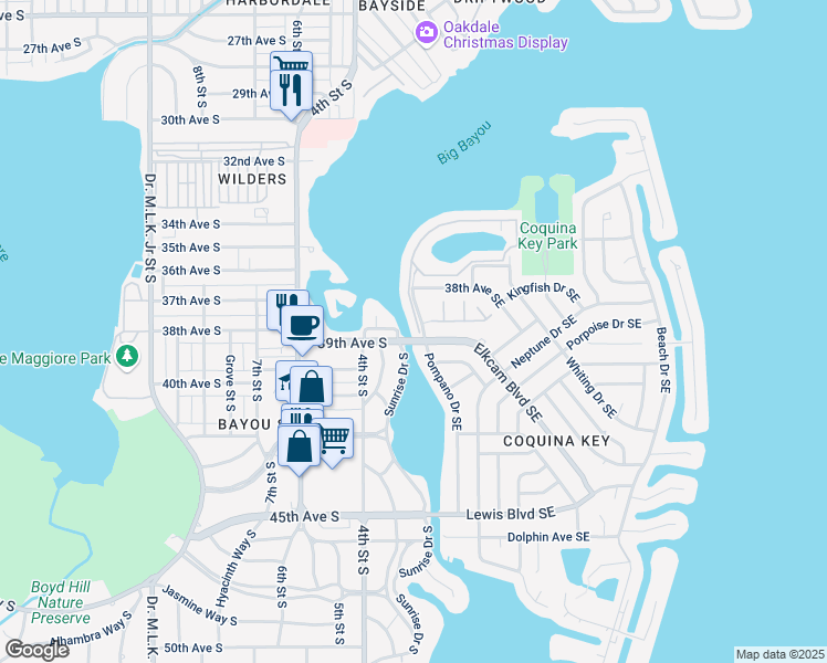 map of restaurants, bars, coffee shops, grocery stores, and more near 3893 Pompano Drive Southeast in Saint Petersburg