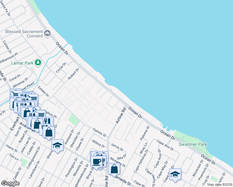 map of restaurants, bars, coffee shops, grocery stores, and more near 4646 Ocean Drive in Corpus Christi