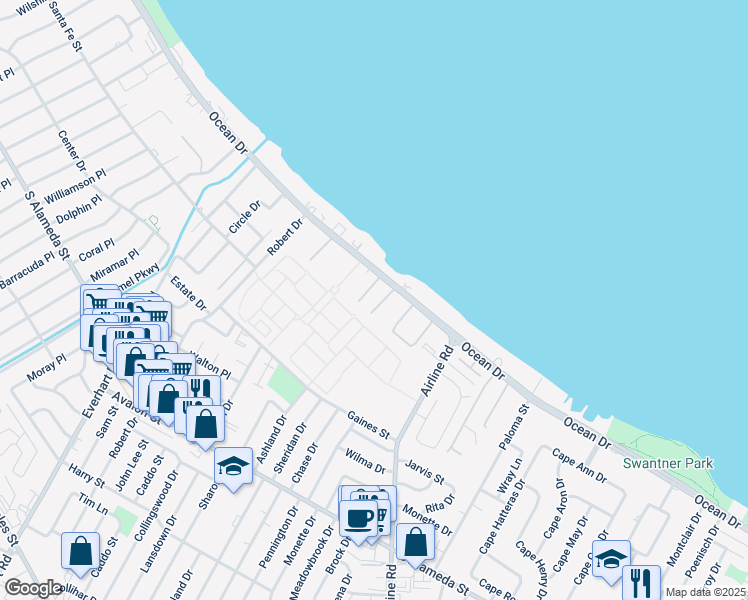 map of restaurants, bars, coffee shops, grocery stores, and more near 4600 Ocean Drive in Corpus Christi