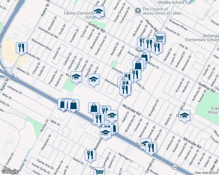 map of restaurants, bars, coffee shops, grocery stores, and more near 4830 Philip Drive in Corpus Christi