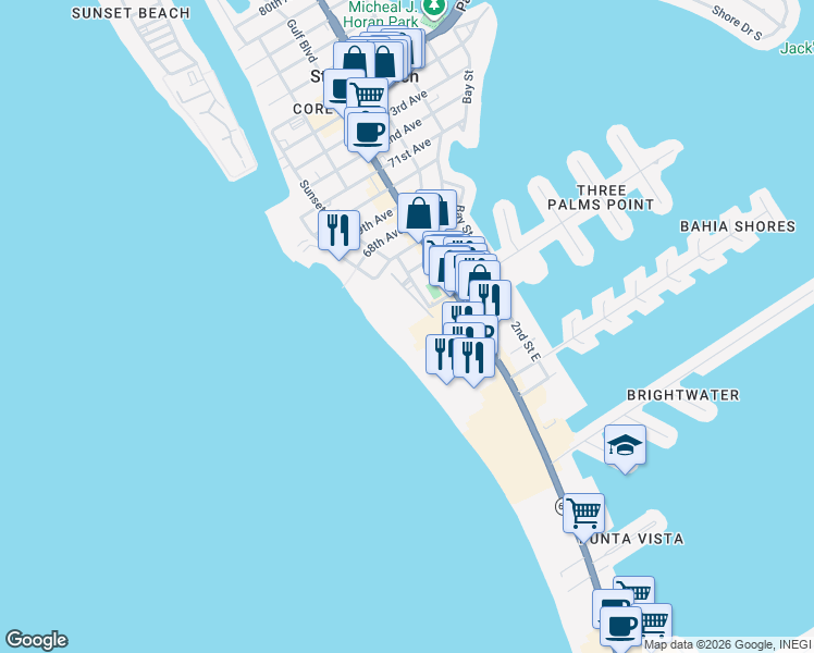 map of restaurants, bars, coffee shops, grocery stores, and more near 6500 Sunset Way in St. Pete Beach