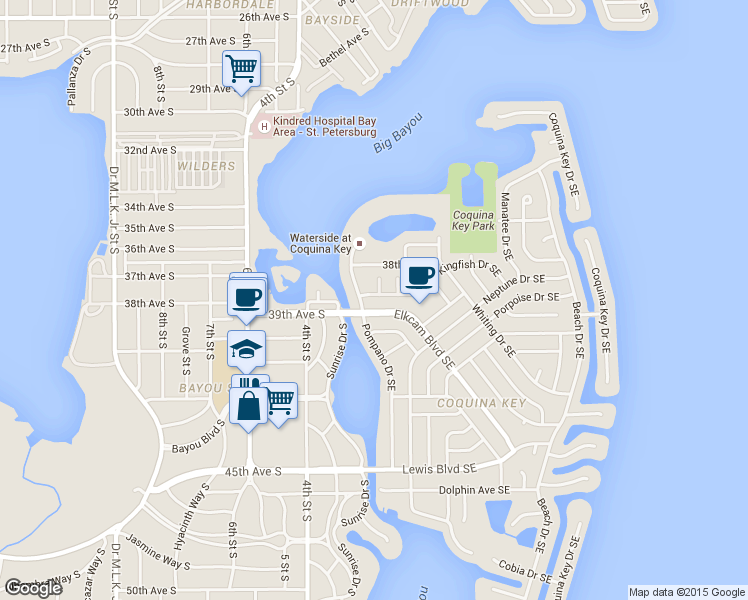 map of restaurants, bars, coffee shops, grocery stores, and more near 3917 Elkcam Boulevard Southeast in St. Petersburg