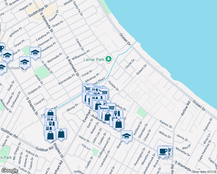 map of restaurants, bars, coffee shops, grocery stores, and more near 4221 Clinton Drive in Corpus Christi