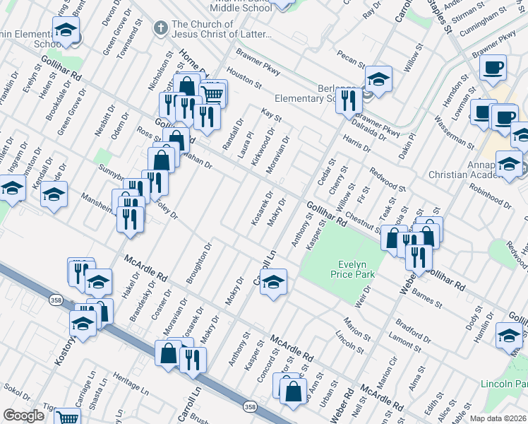 map of restaurants, bars, coffee shops, grocery stores, and more near 4614 Kosarek Drive in Corpus Christi