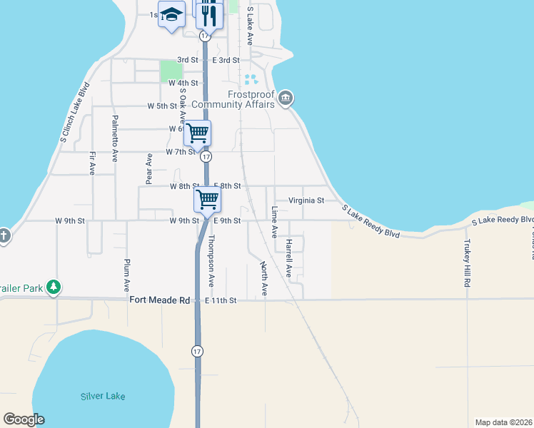 map of restaurants, bars, coffee shops, grocery stores, and more near 906 Lime Avenue in Frostproof