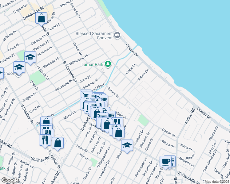 map of restaurants, bars, coffee shops, grocery stores, and more near 4234 Estate Drive in Corpus Christi