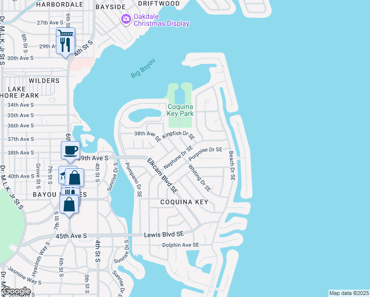 map of restaurants, bars, coffee shops, grocery stores, and more near 3899 Wahoo Drive Southeast in St. Petersburg