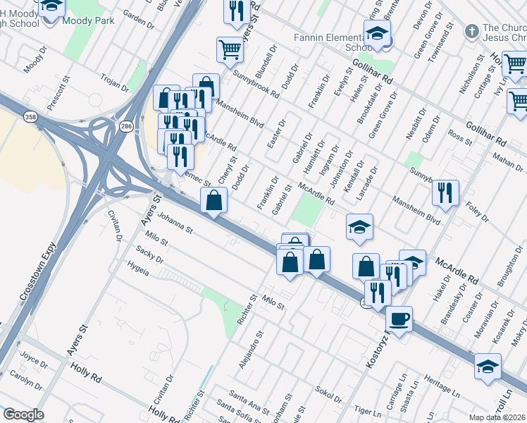 map of restaurants, bars, coffee shops, grocery stores, and more near 4926 Franklin Drive in Corpus Christi