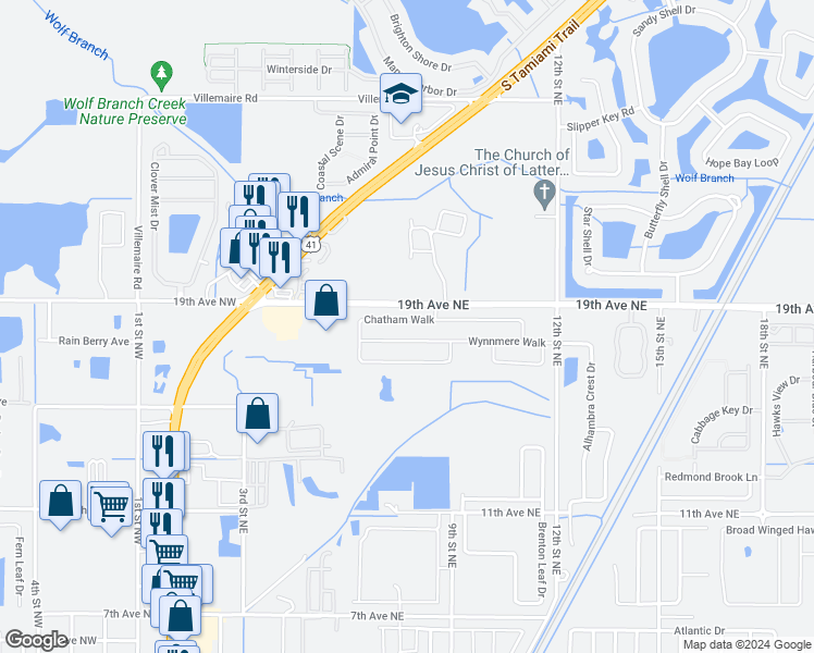 map of restaurants, bars, coffee shops, grocery stores, and more near 739 Chatham Walk Drive in Ruskin