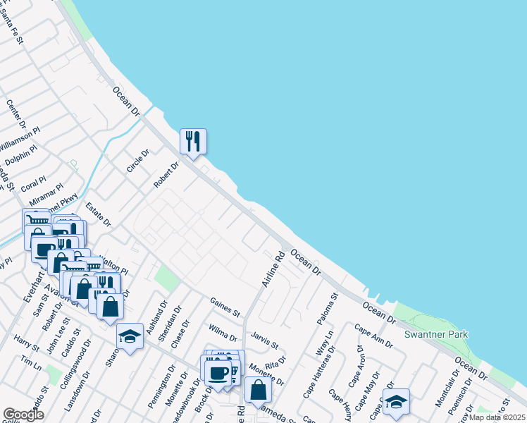 map of restaurants, bars, coffee shops, grocery stores, and more near 4500 Ocean Drive in Corpus Christi