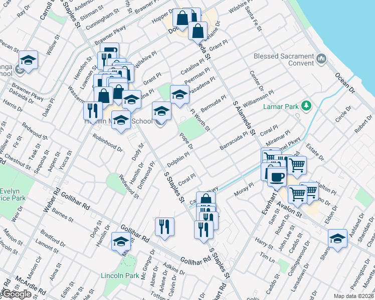 map of restaurants, bars, coffee shops, grocery stores, and more near 1000 Driftwood Place in Corpus Christi