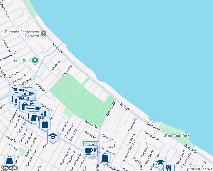 map of restaurants, bars, coffee shops, grocery stores, and more near 4500 Ocean Drive in Corpus Christi
