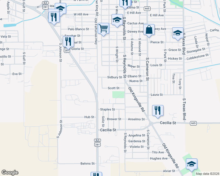 map of restaurants, bars, coffee shops, grocery stores, and more near 114 Sidbury Street in Alice