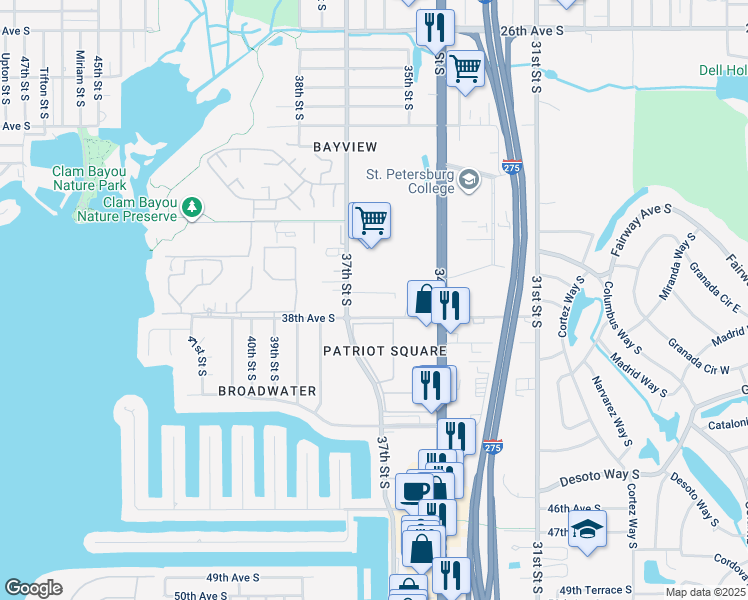 map of restaurants, bars, coffee shops, grocery stores, and more near 3601 38th Avenue South in Saint Petersburg
