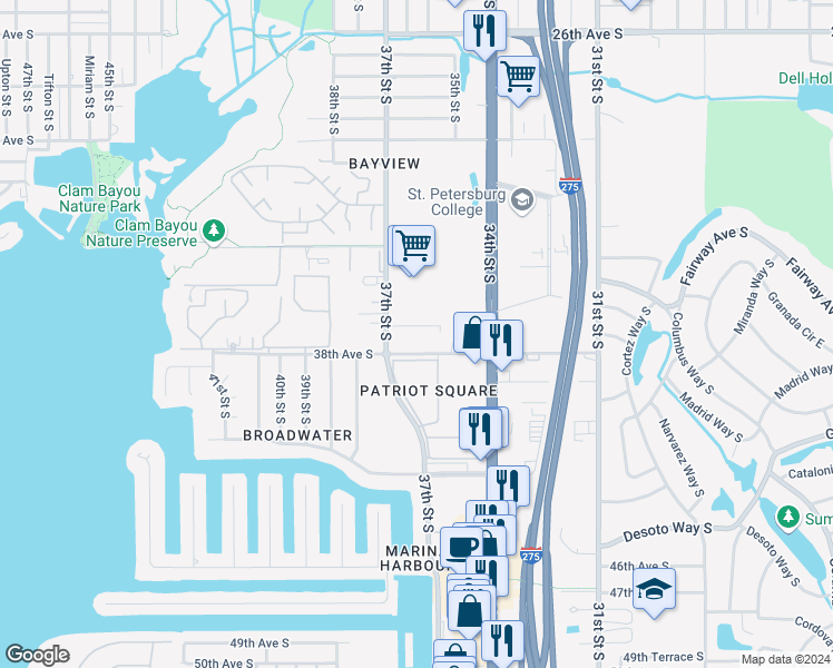 map of restaurants, bars, coffee shops, grocery stores, and more near 3601 38th Avenue South in Saint Petersburg