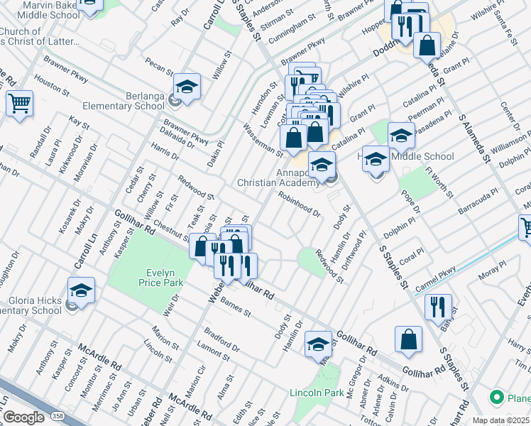 map of restaurants, bars, coffee shops, grocery stores, and more near 4234 Weber Road in Corpus Christi