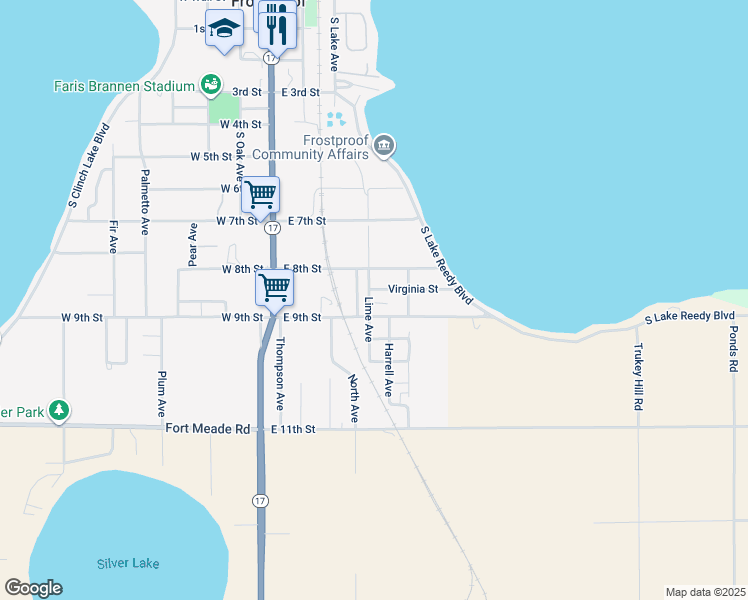 map of restaurants, bars, coffee shops, grocery stores, and more near 815 North Avenue in Frostproof
