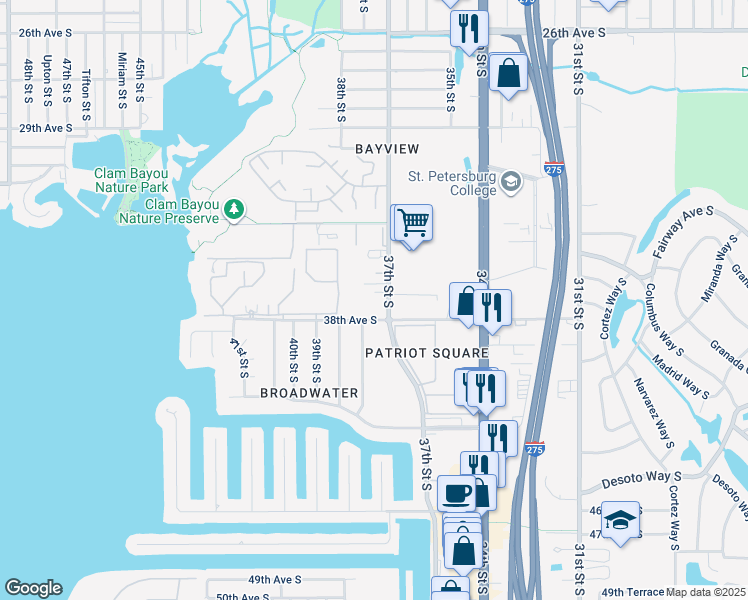 map of restaurants, bars, coffee shops, grocery stores, and more near 3797 37th Street South in St. Petersburg
