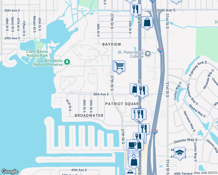 map of restaurants, bars, coffee shops, grocery stores, and more near 3797 37th Street South in St. Petersburg