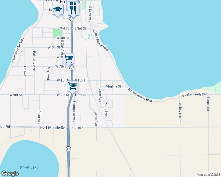 map of restaurants, bars, coffee shops, grocery stores, and more near 398 Virginia Street in Frostproof