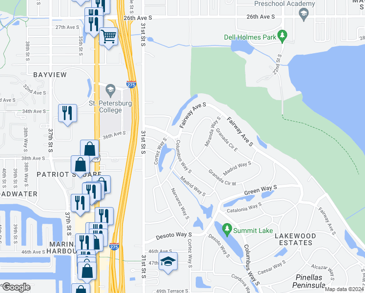 map of restaurants, bars, coffee shops, grocery stores, and more near 2661 Columbus Way South in St. Petersburg