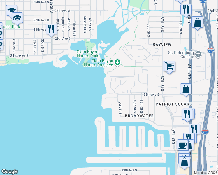 map of restaurants, bars, coffee shops, grocery stores, and more near 3595 41st Lane South in Saint Petersburg