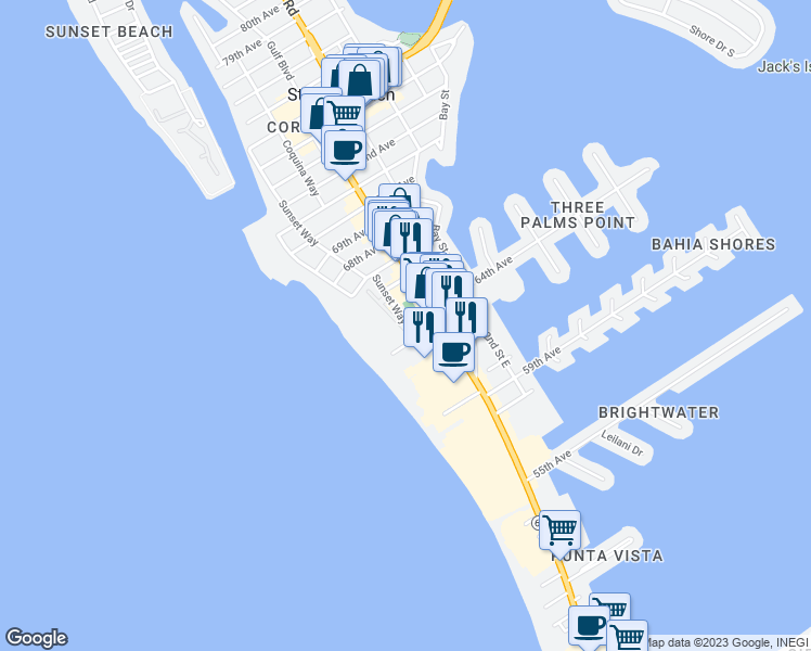 map of restaurants, bars, coffee shops, grocery stores, and more near 6406 Gulf Boulevard in St. Pete Beach