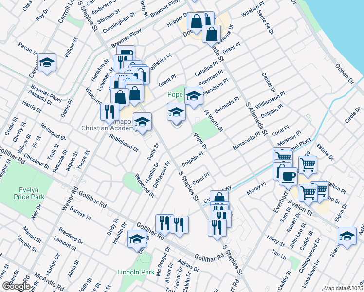 map of restaurants, bars, coffee shops, grocery stores, and more near 1017 Hamlin Drive in Corpus Christi